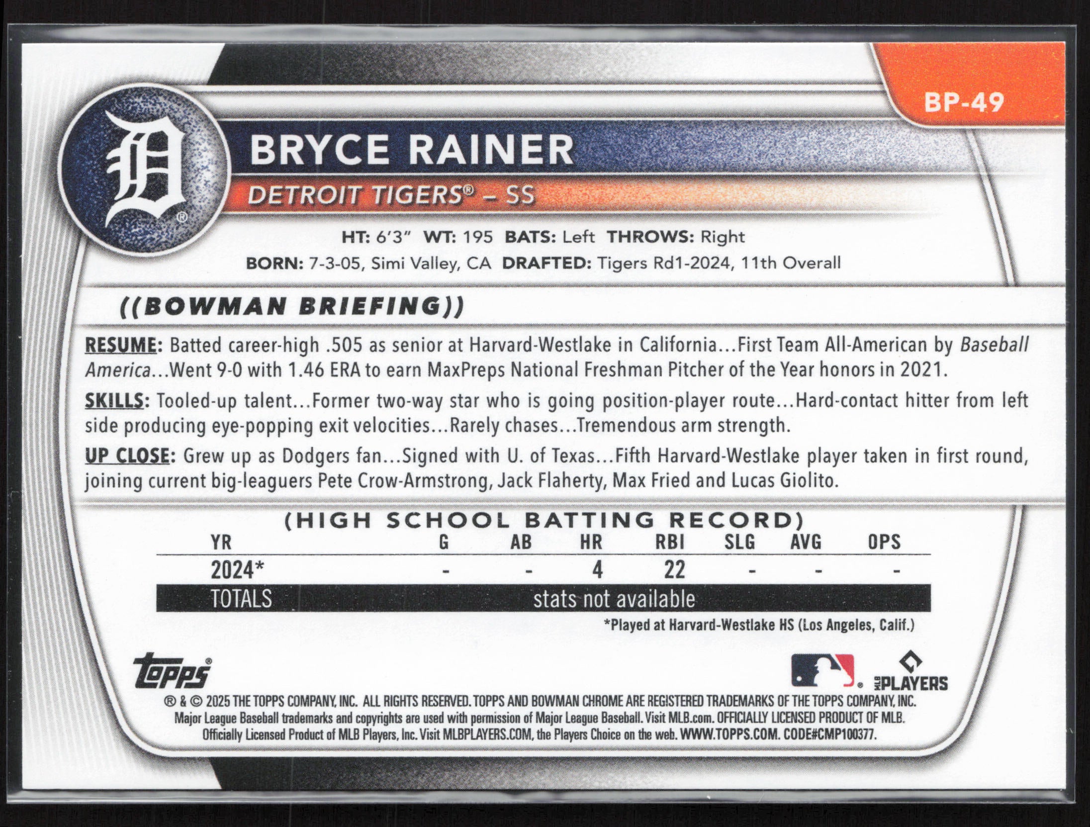 2025 Bowman #BP-49 Bryce Rainer Prospects