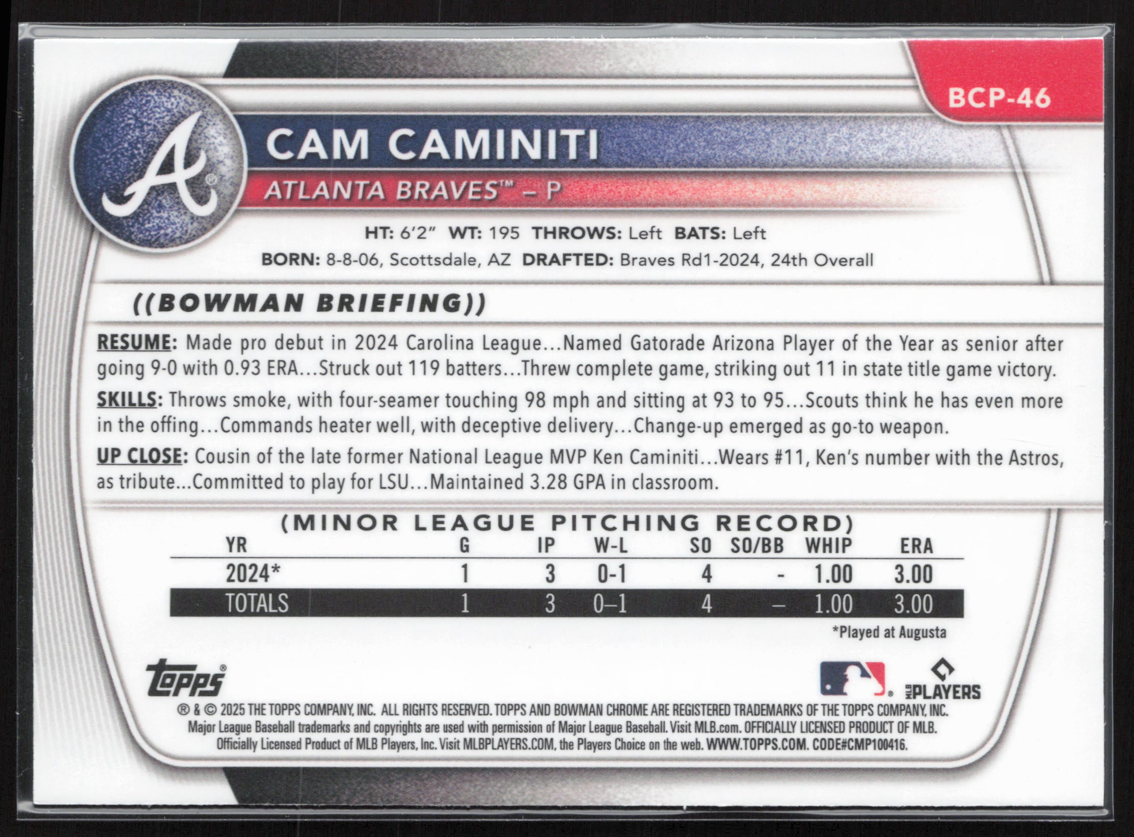 2025 Bowman #BCP-46 Cam Caminiti Chrome Prospects