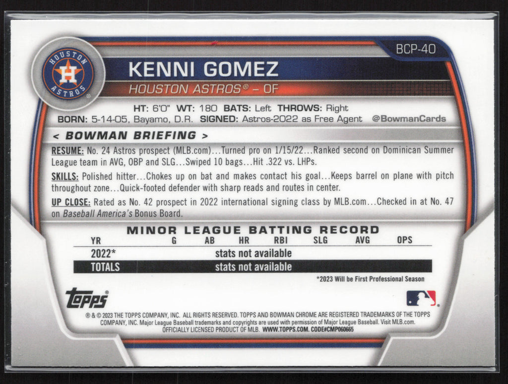 2023 Bowman #BCP-40 Kenni Gomez Chrome Prospects