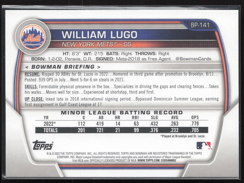 2023 Bowman #BP-141 William Lugo Prospects