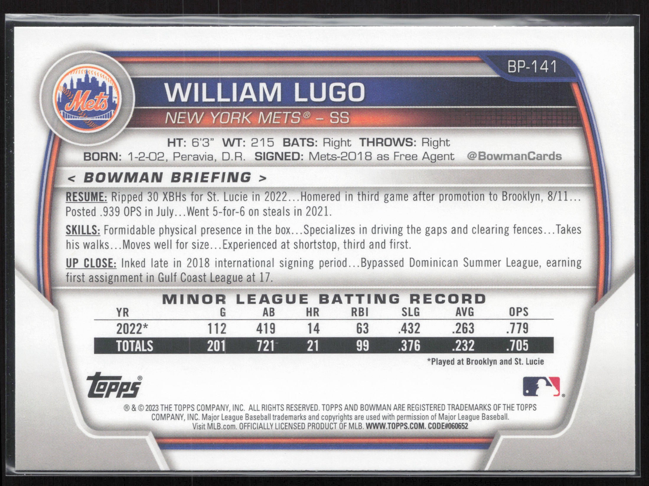 2023 Bowman #BP-141 William Lugo Prospects