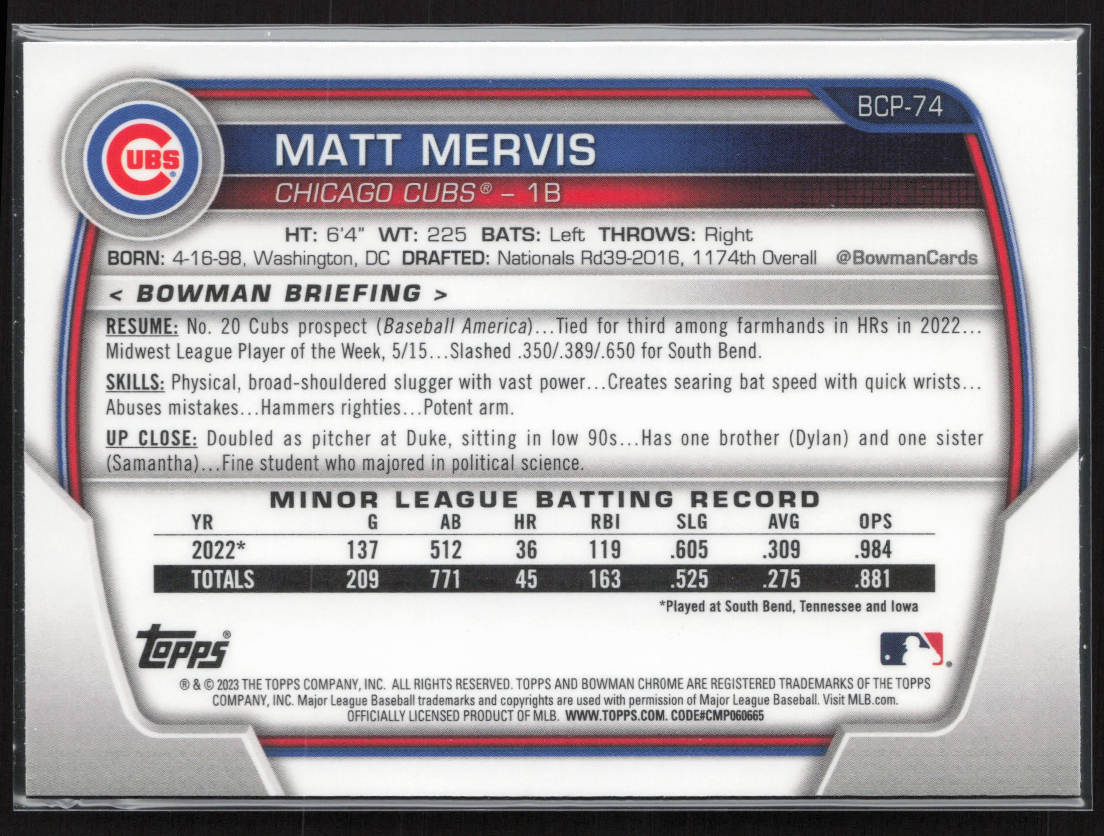 2023 Bowman #BCP-74 Matt Mervis Chrome Prospects