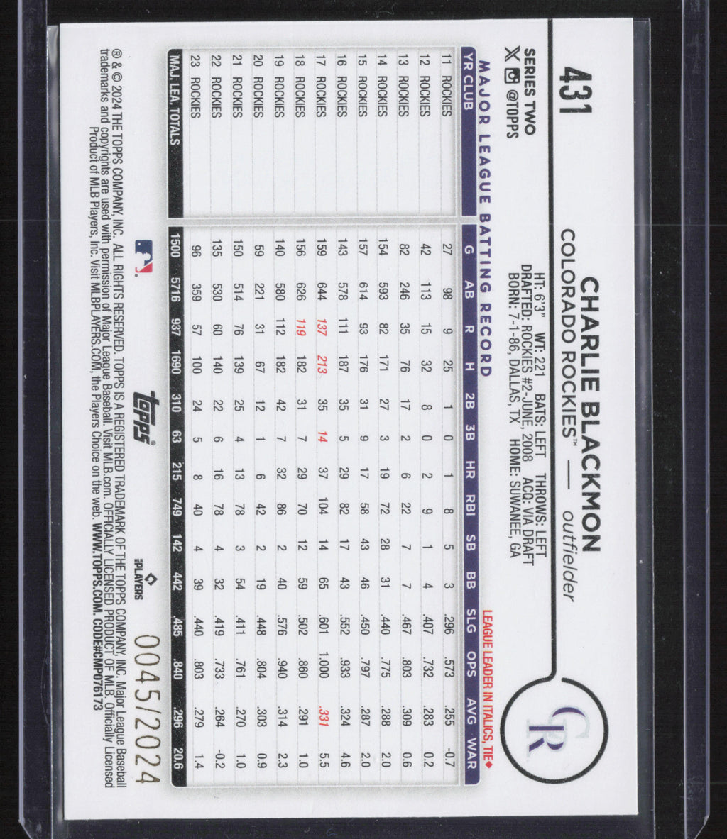 2024 Topps #431 Charlie Blackmon Gold #/2024