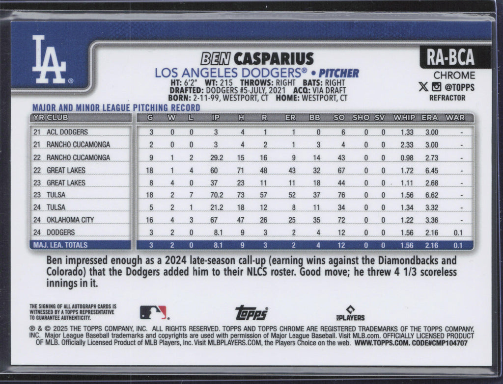 2025 Topps Chrome #RA-BCA Ben Casparius Rookie Autographs Refractors #/499