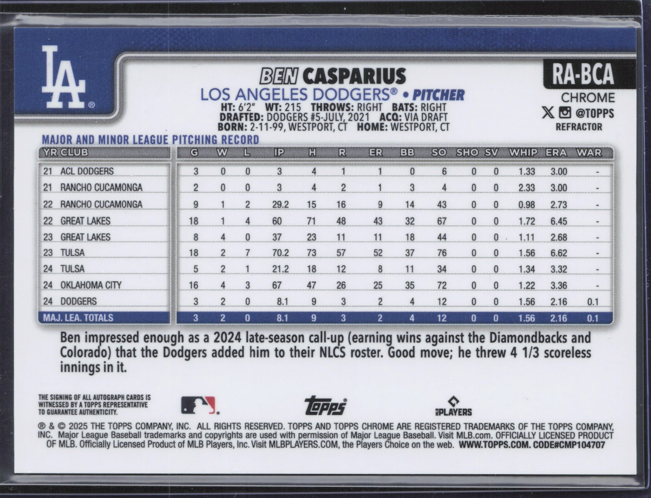 2025 Topps Chrome #RA-BCA Ben Casparius Rookie Autographs Refractors #/499