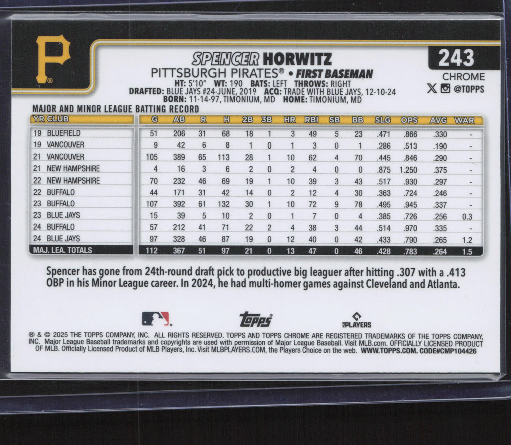 2025 Topps Chrome #243 Spencer Horwitz Negative Refractors