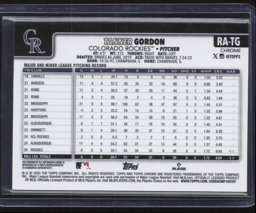 2025 Topps Chrome #RA-TG Tanner Gordon Rookie Autographs