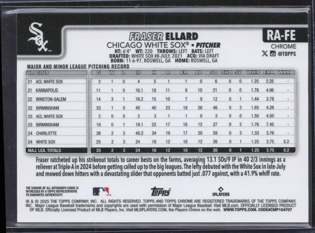 2025 Topps Chrome #RA-FE Fraser Ellard Rookie Purple Speckle Refractors #/299
