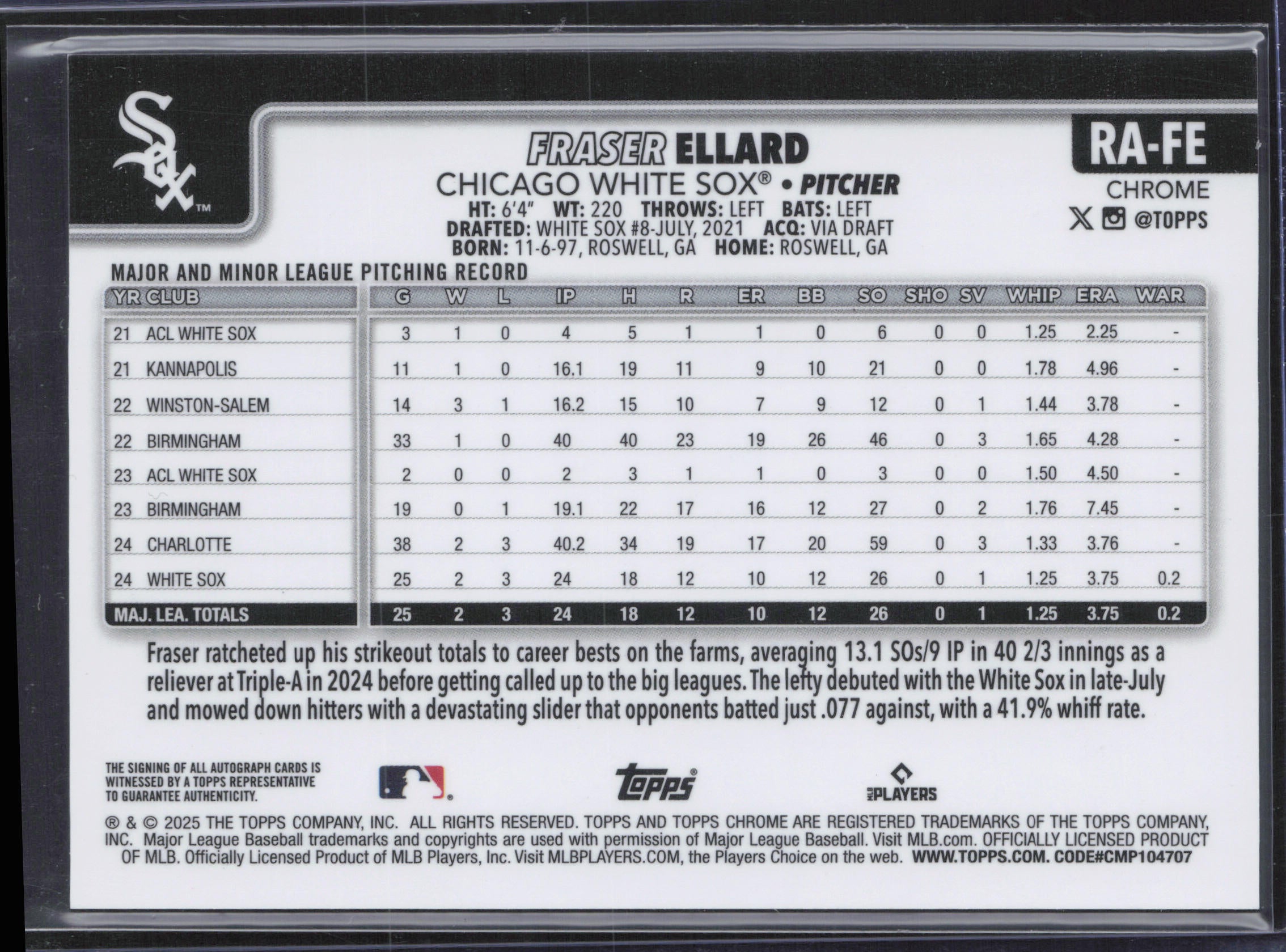 2025 Topps Chrome #RA-FE Fraser Ellard Rookie Purple Speckle Refractors #/299