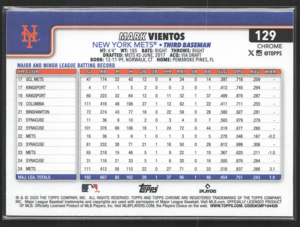 2025 Topps Chrome #129 Mark Vientos Sepia Refractors