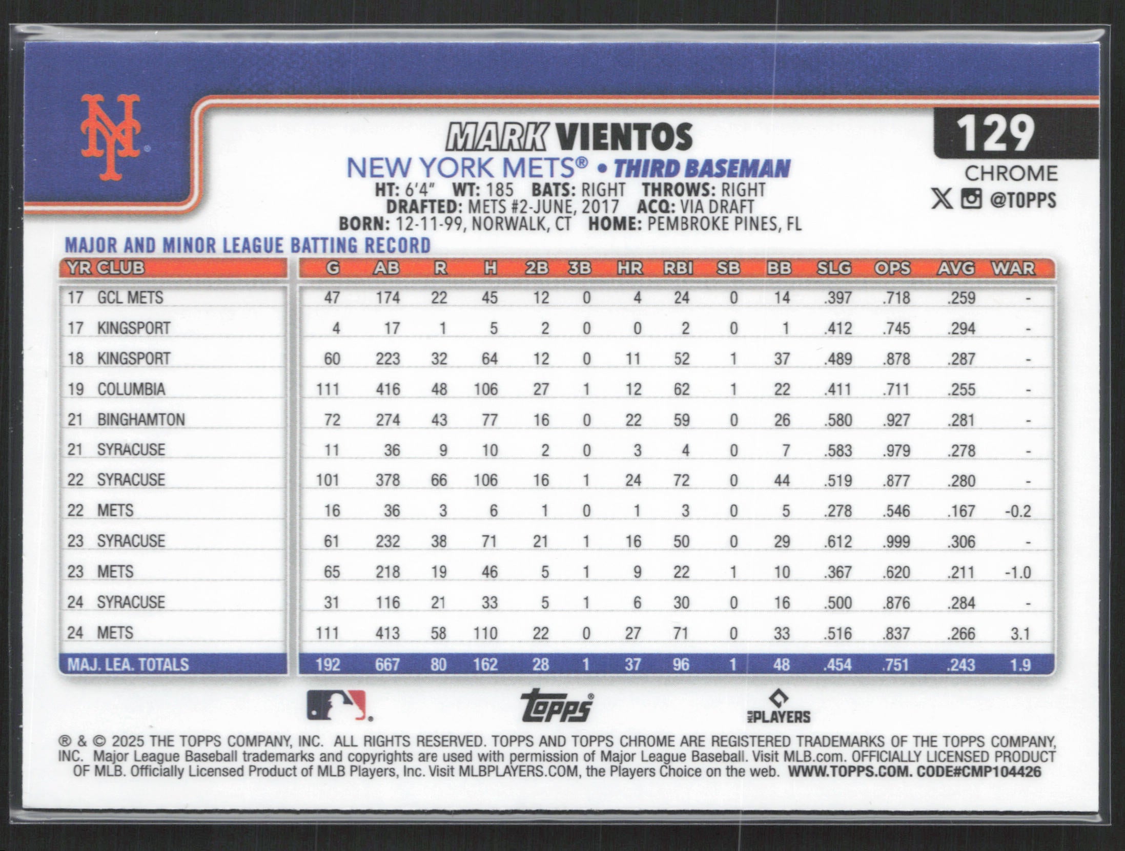 2025 Topps Chrome #129 Mark Vientos Sepia Refractors