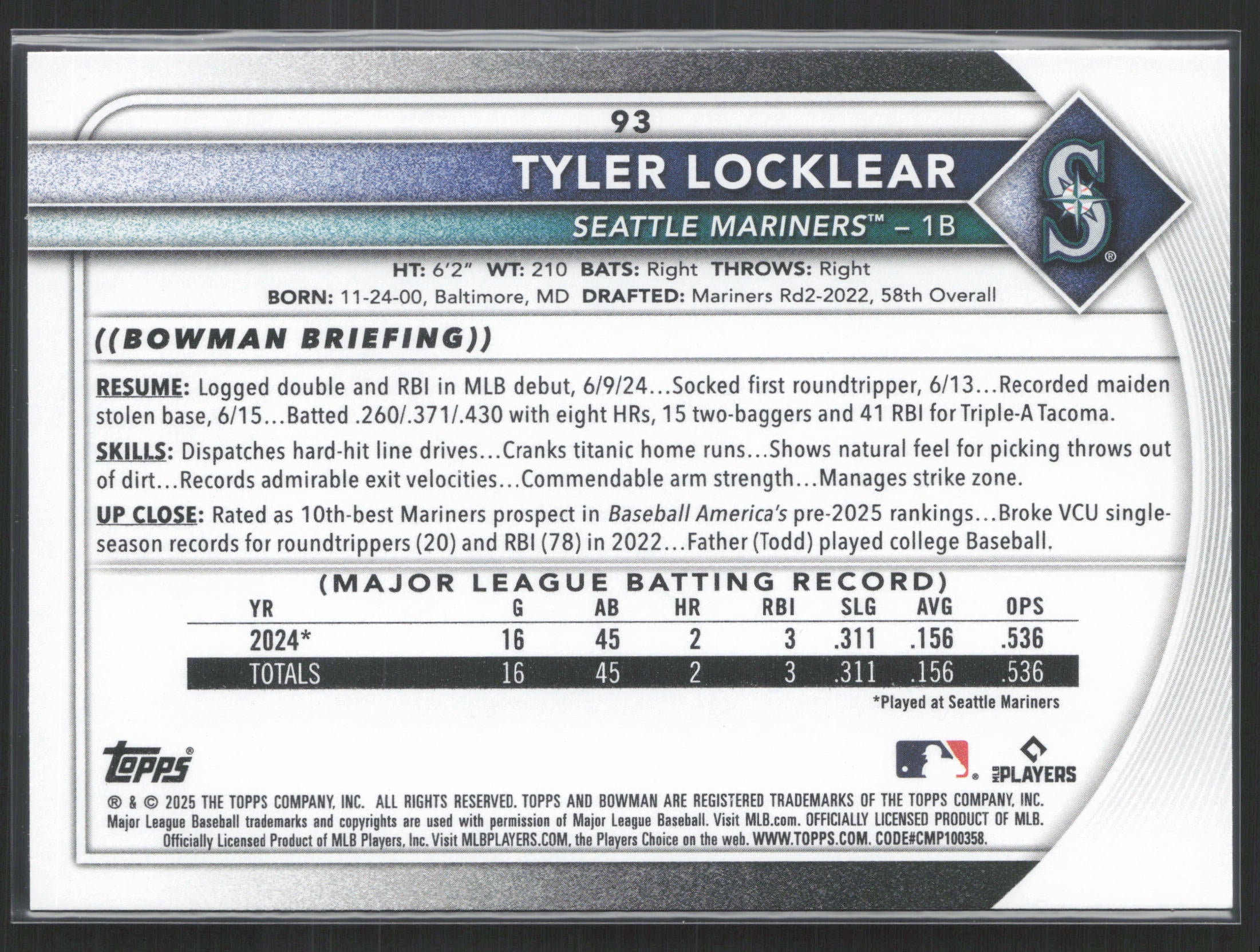 2025 Bowman #93 Tyler Locklear
