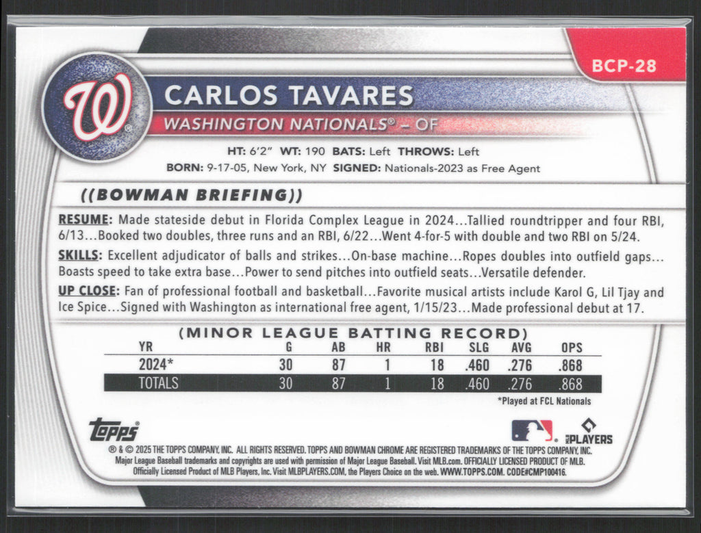2025 Bowman #BCP-28 Carlos Tavares Chrome Prospects