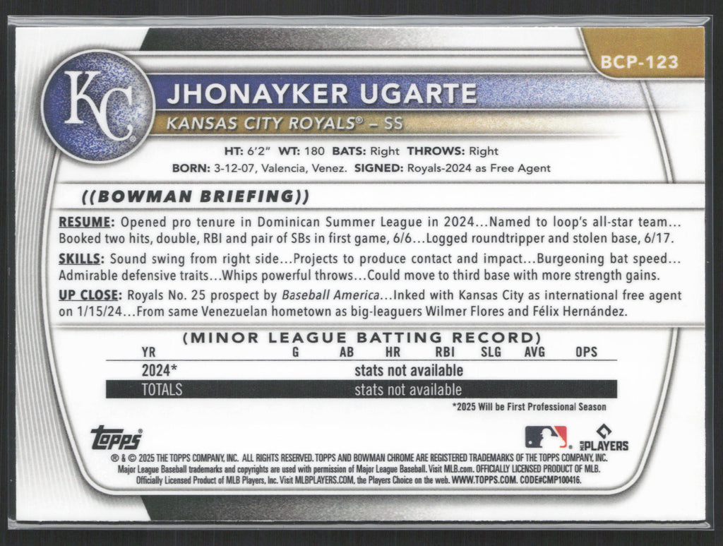 2025 Bowman #BCP-123 Jhonayker Ugarte Chrome Prospects