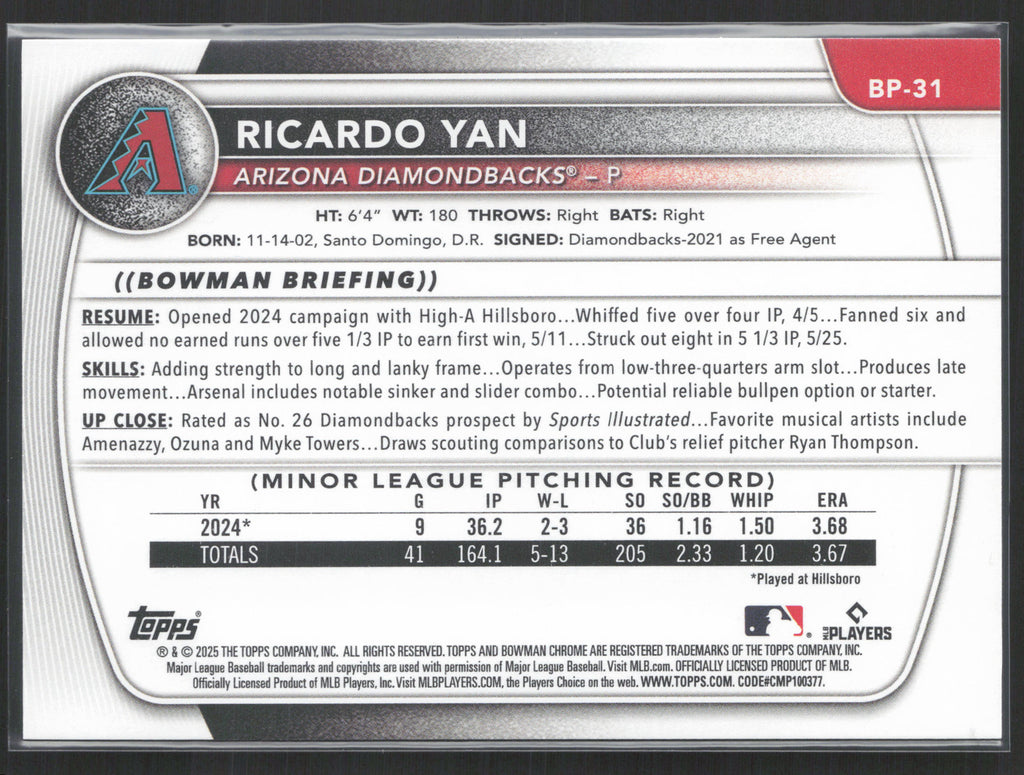 2025 Bowman #BP-31 Ricardo Yan Prospects