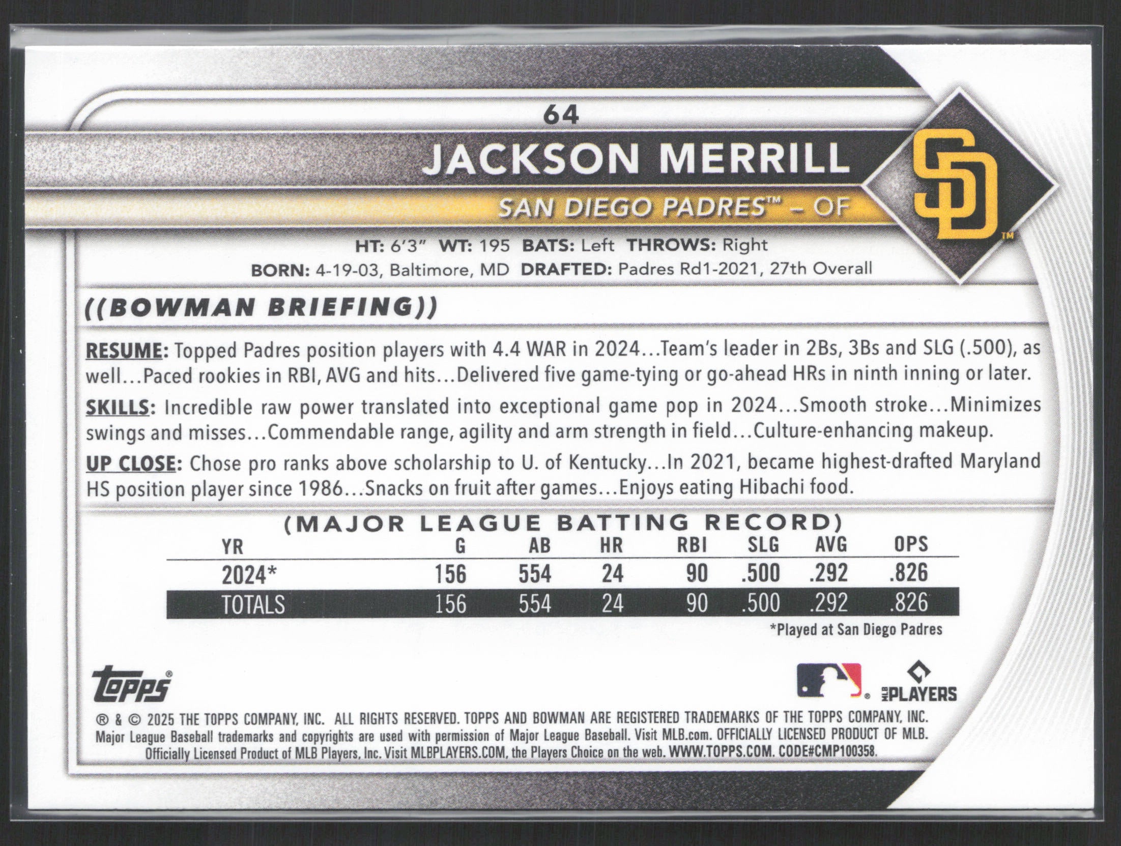 2025 Bowman #64 Jackson Merrill