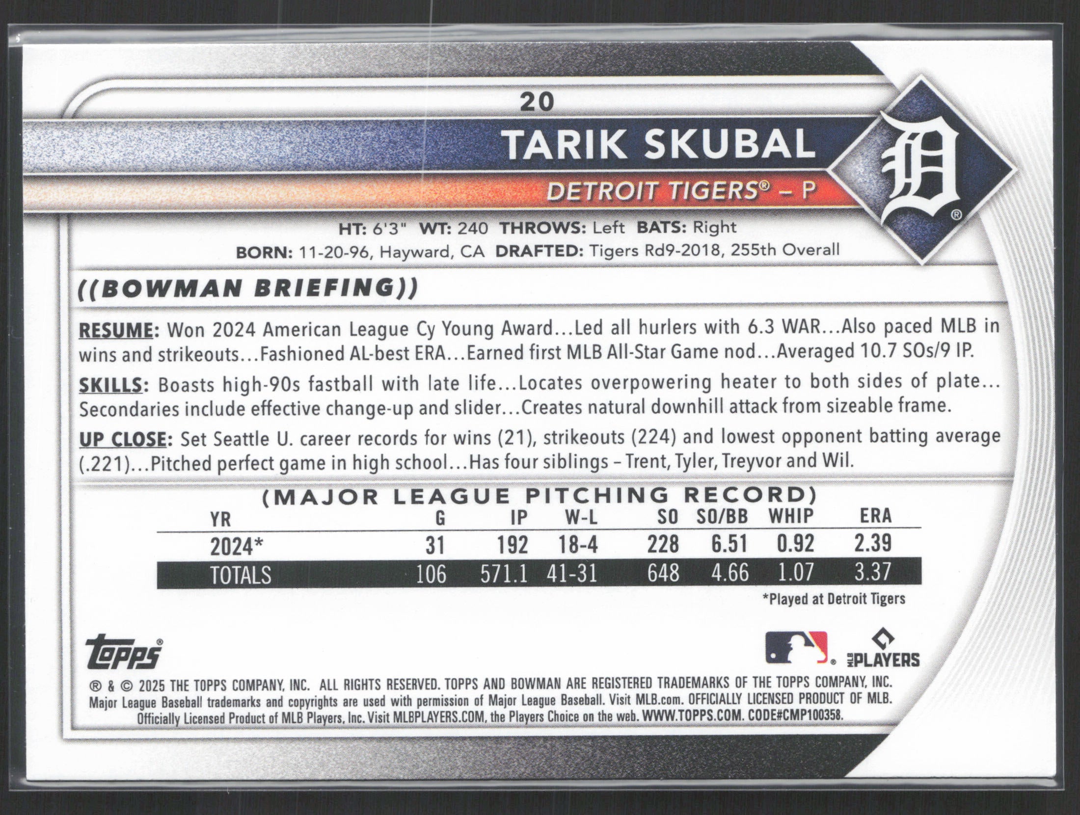 2025 Bowman #20 Tarik Skubal