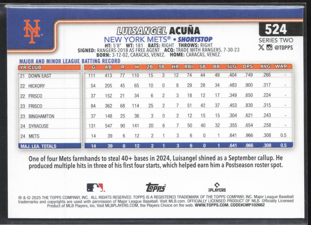 2025 Topps #524 Luisangel Acuña