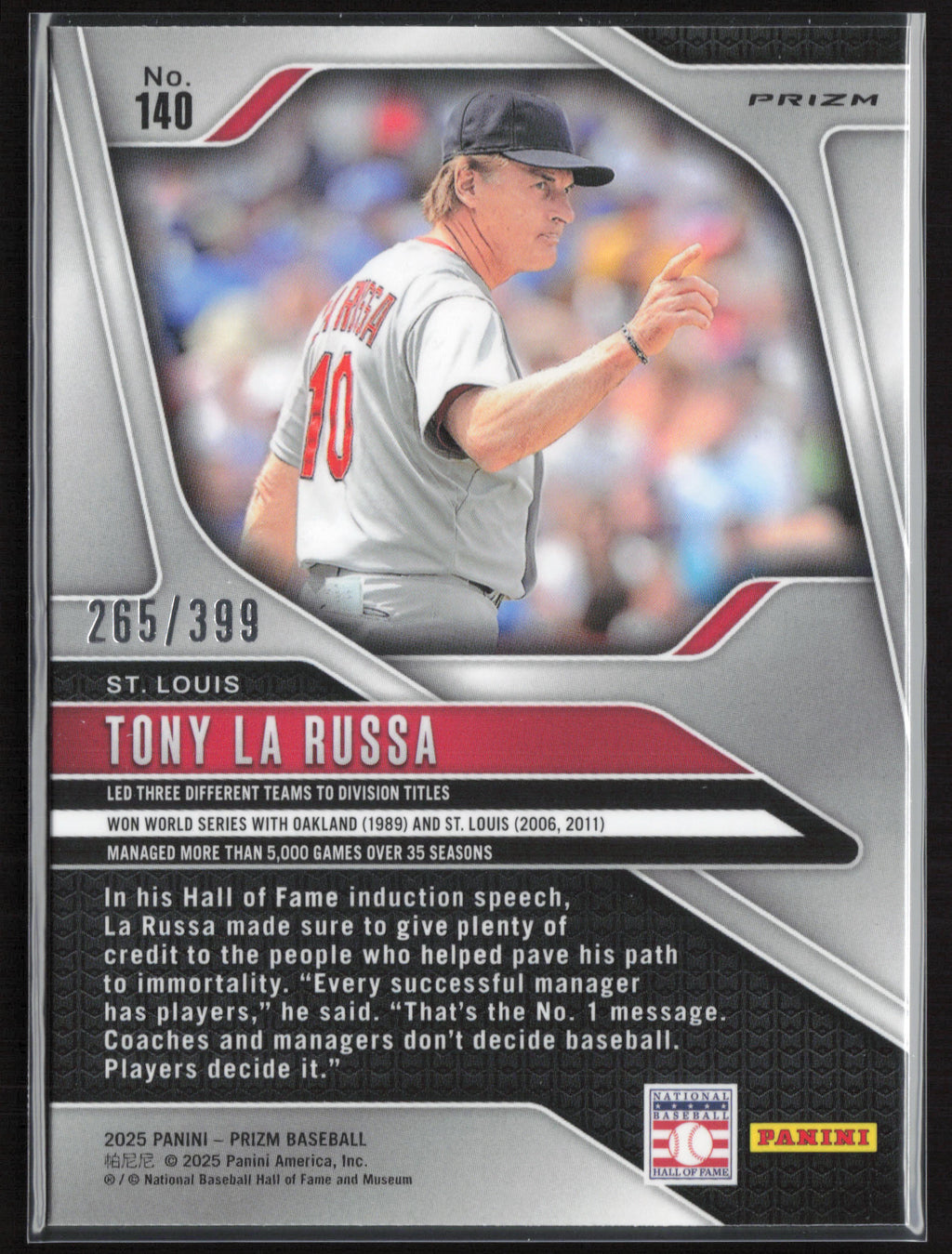 2025 Panini Prizm #140 Tony La Russa Orange Pulsar Prizms #/399