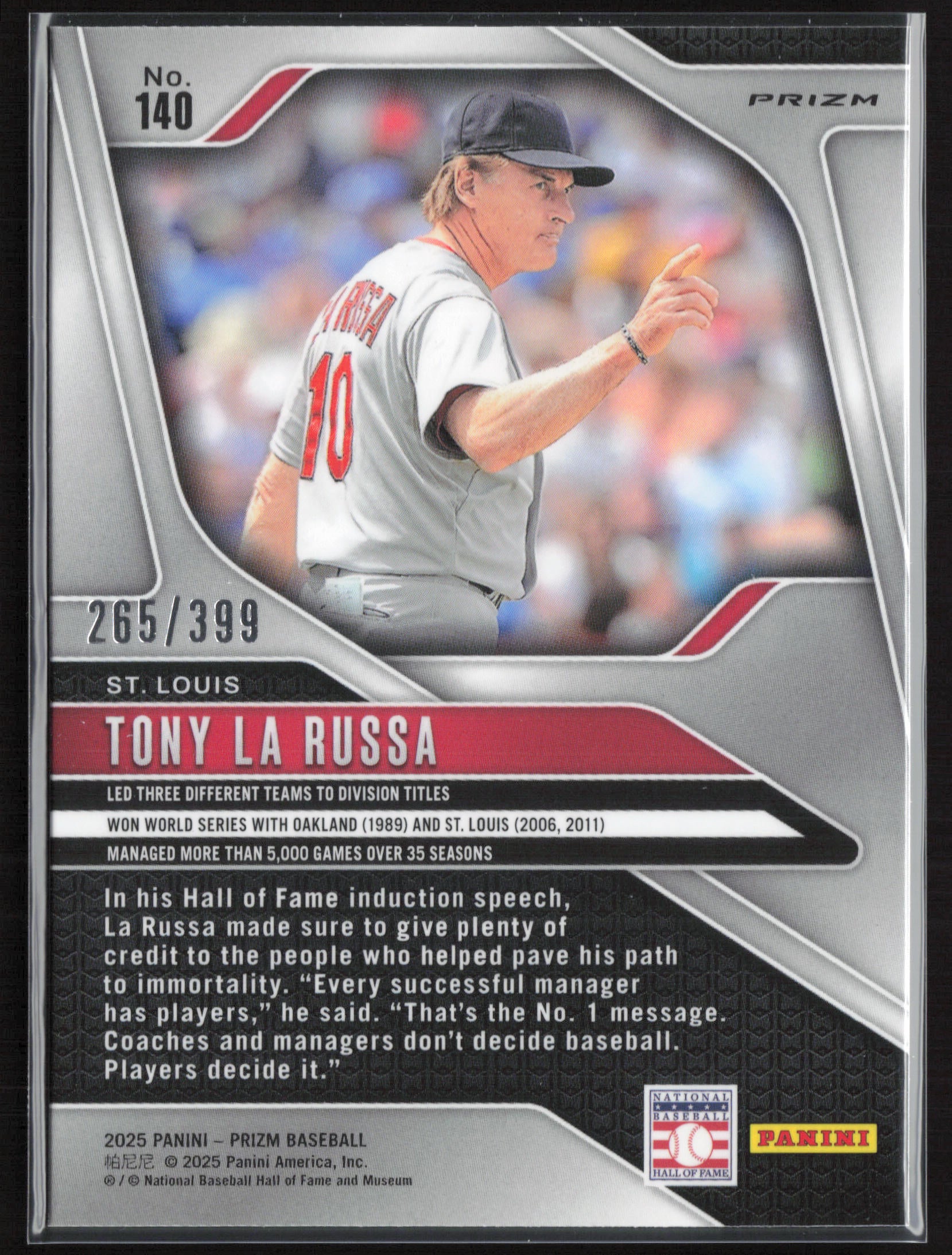 2025 Panini Prizm #140 Tony La Russa Orange Pulsar Prizms #/399