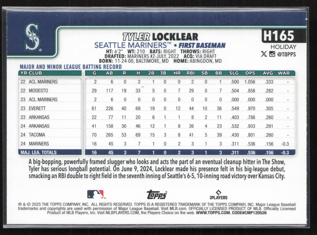 2025 Topps Holiday #H165 Tyler Locklear