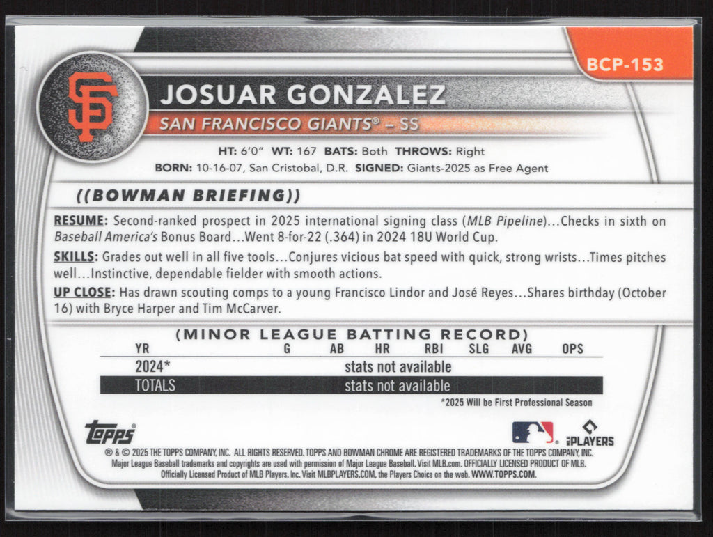 2025 Bowman Chrome #BCP-153 Josuar Gonzalez Prospects Mojo