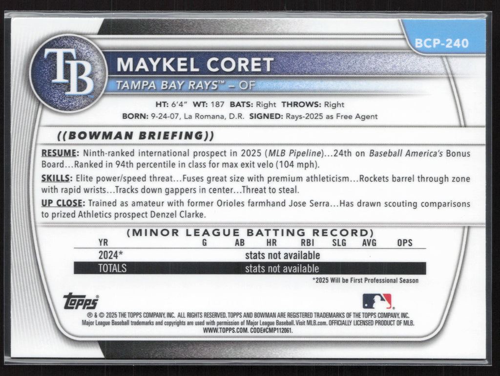 2025 Bowman Chrome #BCP-240 Maykel Coret Prospects