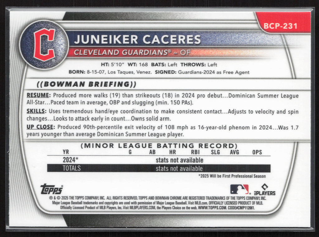 2025 Bowman Chrome #BCP-231 Juneiker Caceres Prospects Laser