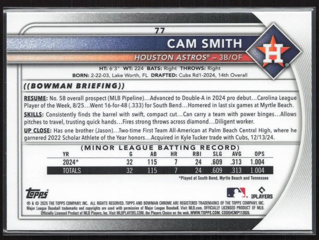 2025 Bowman Chrome #77 Cam Smith