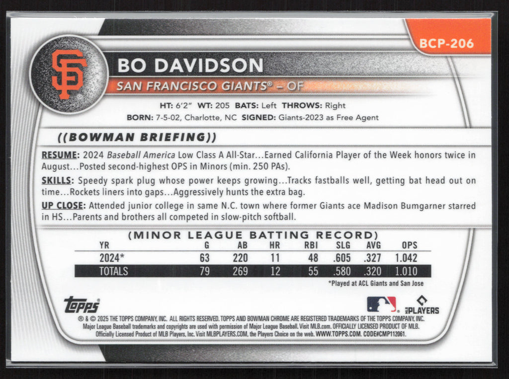 2025 Bowman Chrome #BCP-206 Bo Davidson Prospects