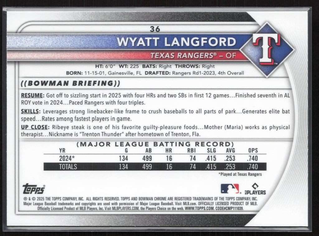 2025 Bowman Chrome #36 Wyatt Langford Mojo Refractors