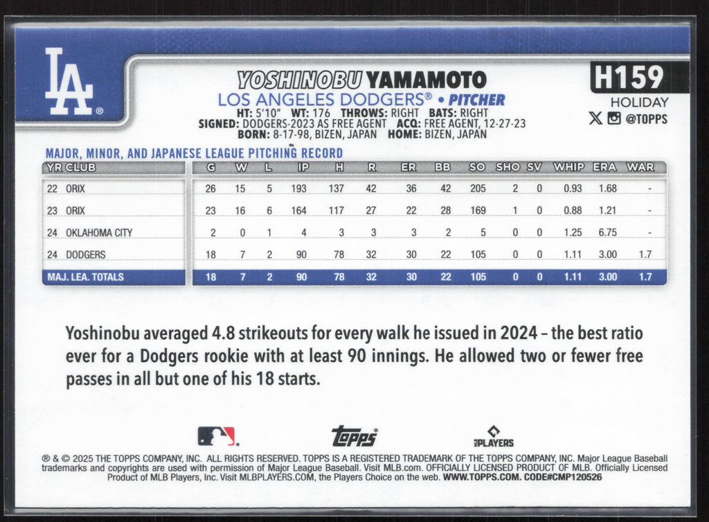 2025 Topps Holiday #H159 Yoshinobu Yamamoto Silver Glitter Holiday
