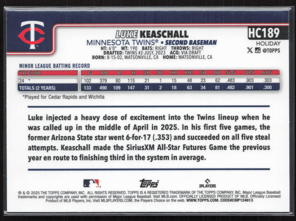 2025 Topps Holiday #HC189 Luke Keaschall Chrome #/499