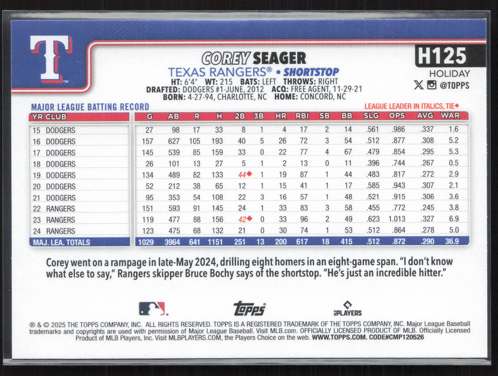 2025 Topps Holiday #H125 Corey Seager