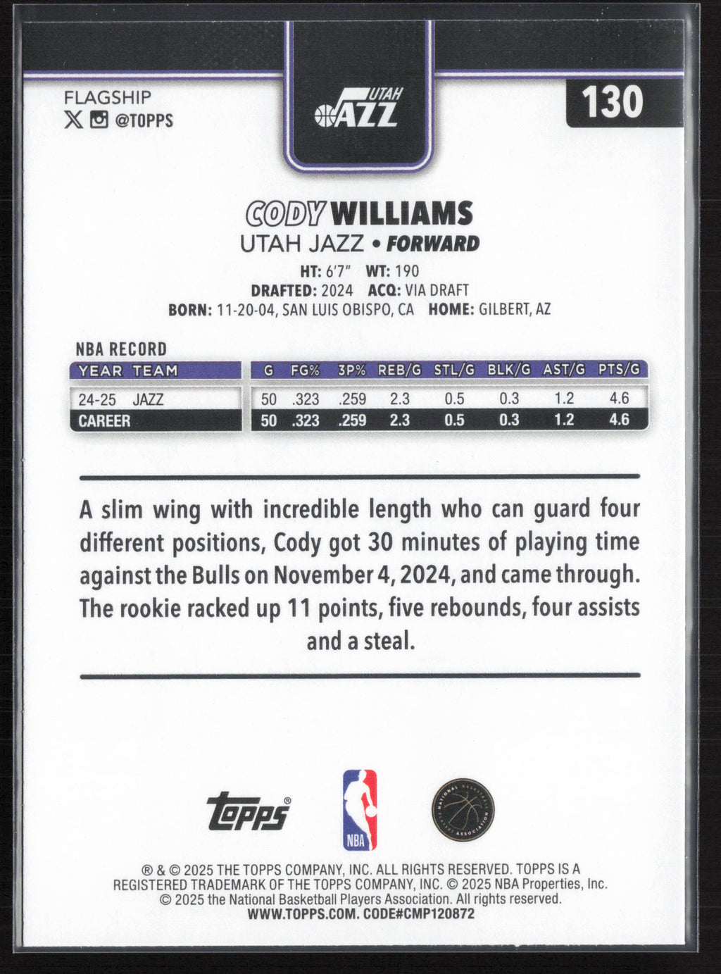 2025-26 Topps #130 Cody Williams