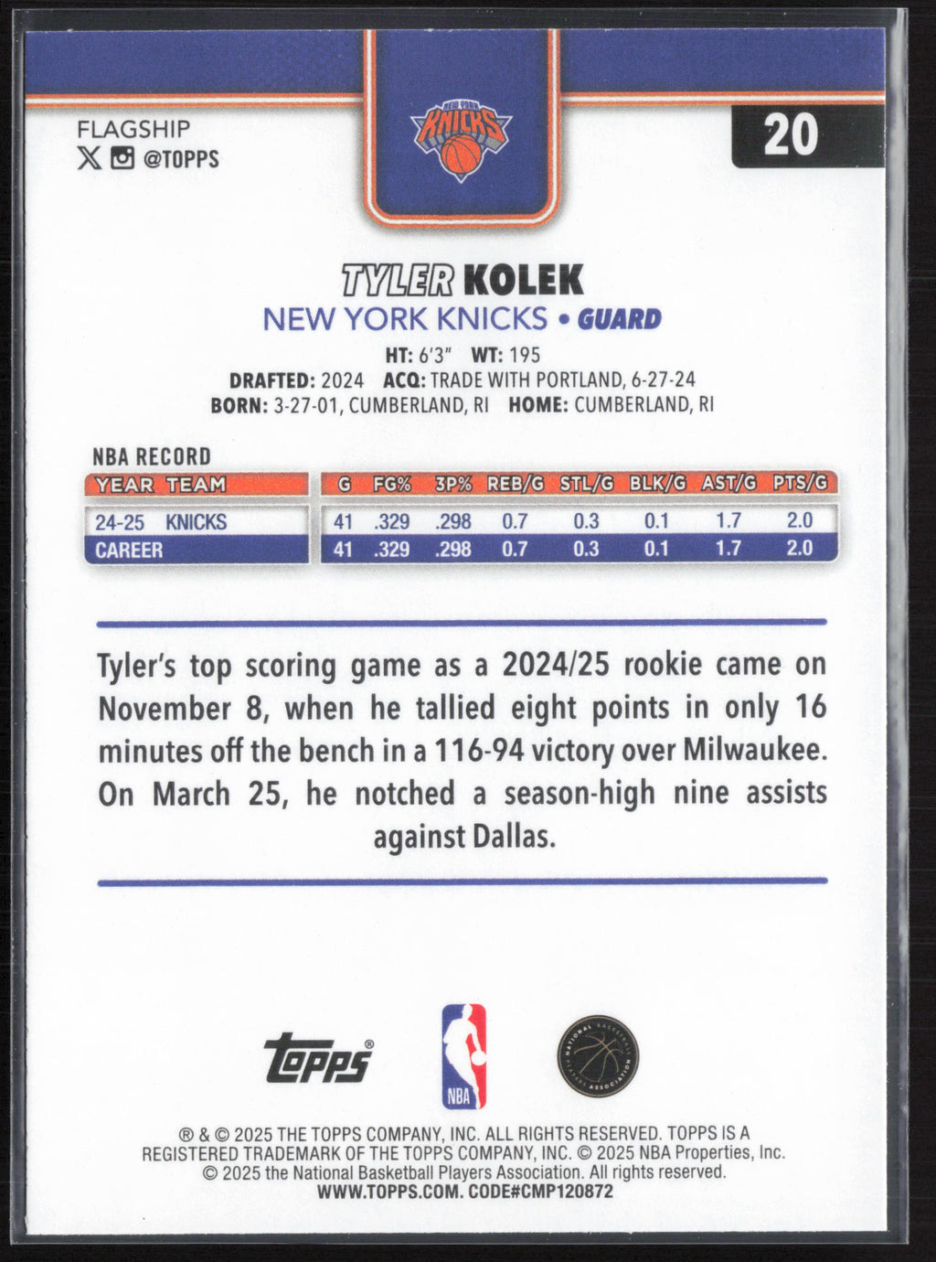 2025-26 Topps #20 Tyler Kolek