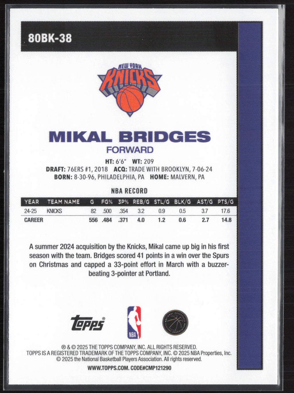 2025-26 Topps #80BK-38 Mikal Bridges 1980-81 Topps Basketball