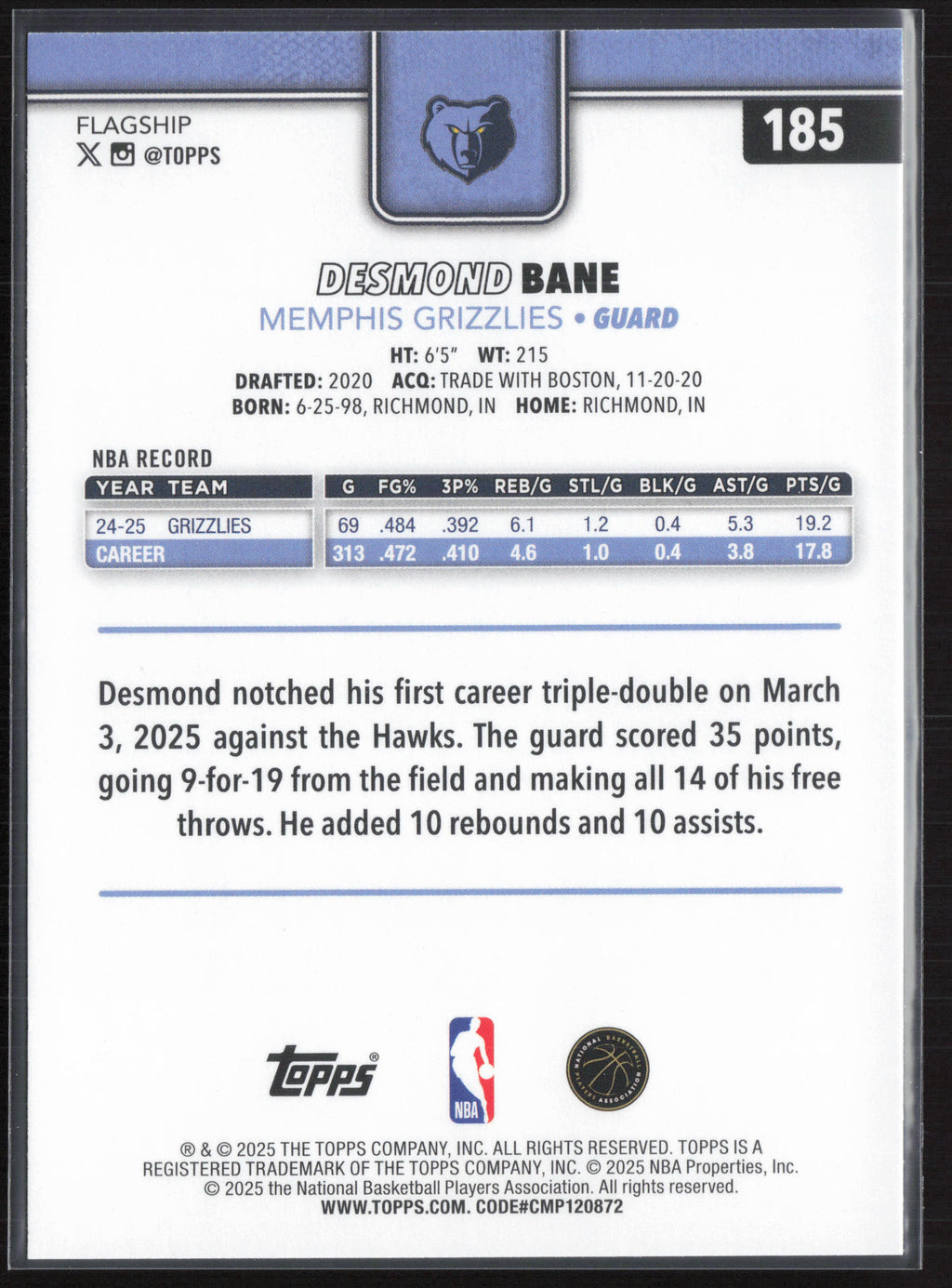 2025-26 Topps #185 Desmond Bane