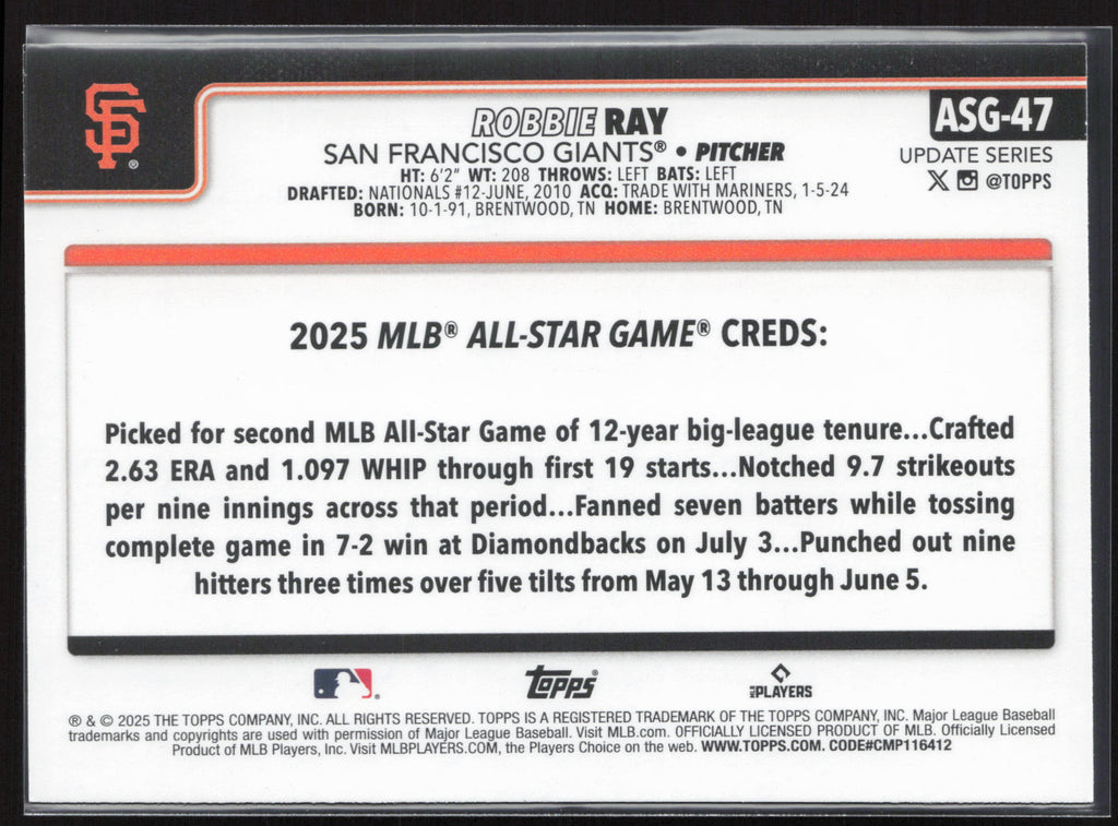 2025 Topps Update #ASG-47 Robbie Ray 2025 All-Star Game