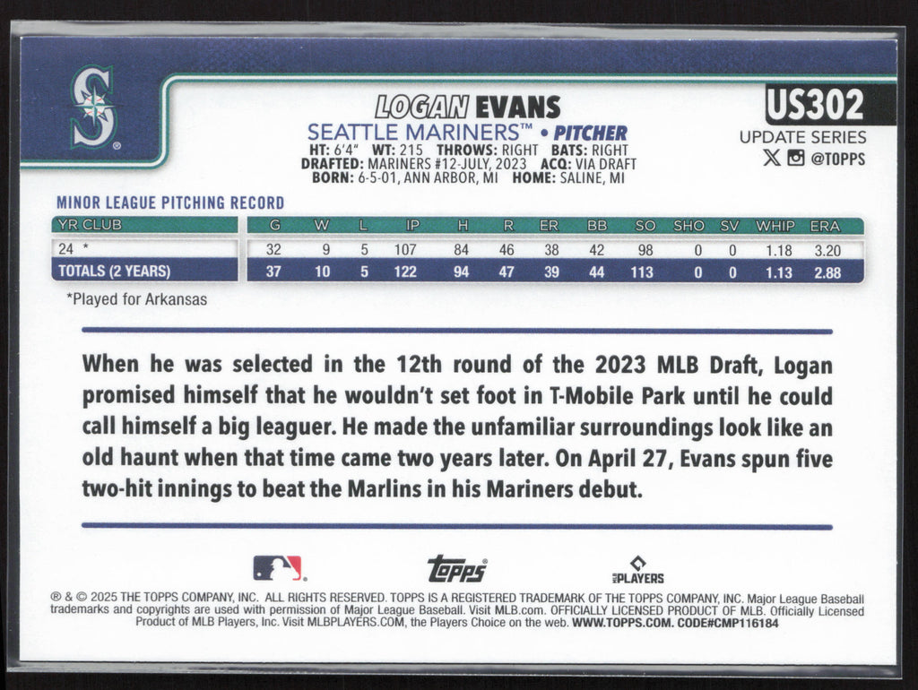 2025 Topps Update #US302 Logan Evans