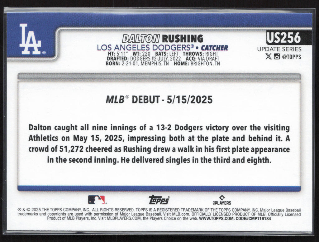 2025 Topps Update #US256 Dalton Rushing