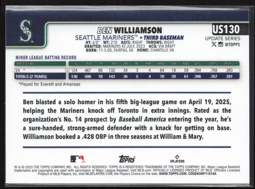 2025 Topps Update #US130 Ben Williamson