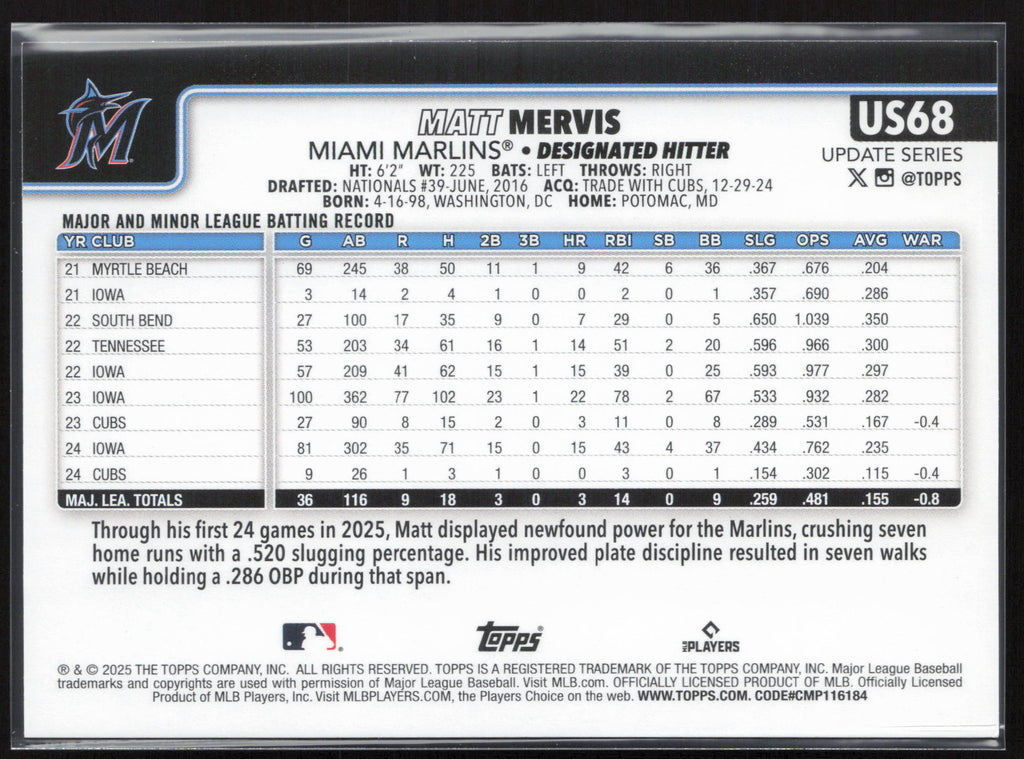 2025 Topps Update #US68 Matt Mervis