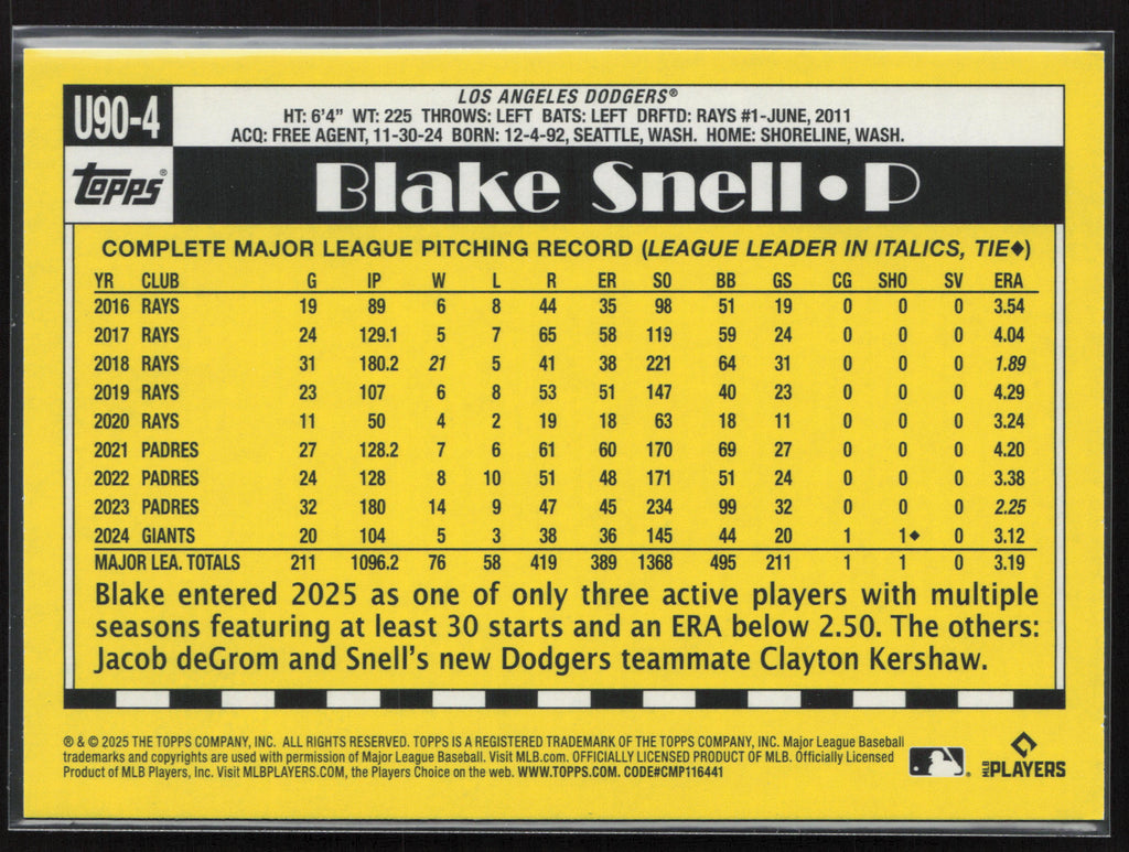 2025 Topps Update #U90-4 Blake Snell 1990 Topps Baseball 35th Anniversary
