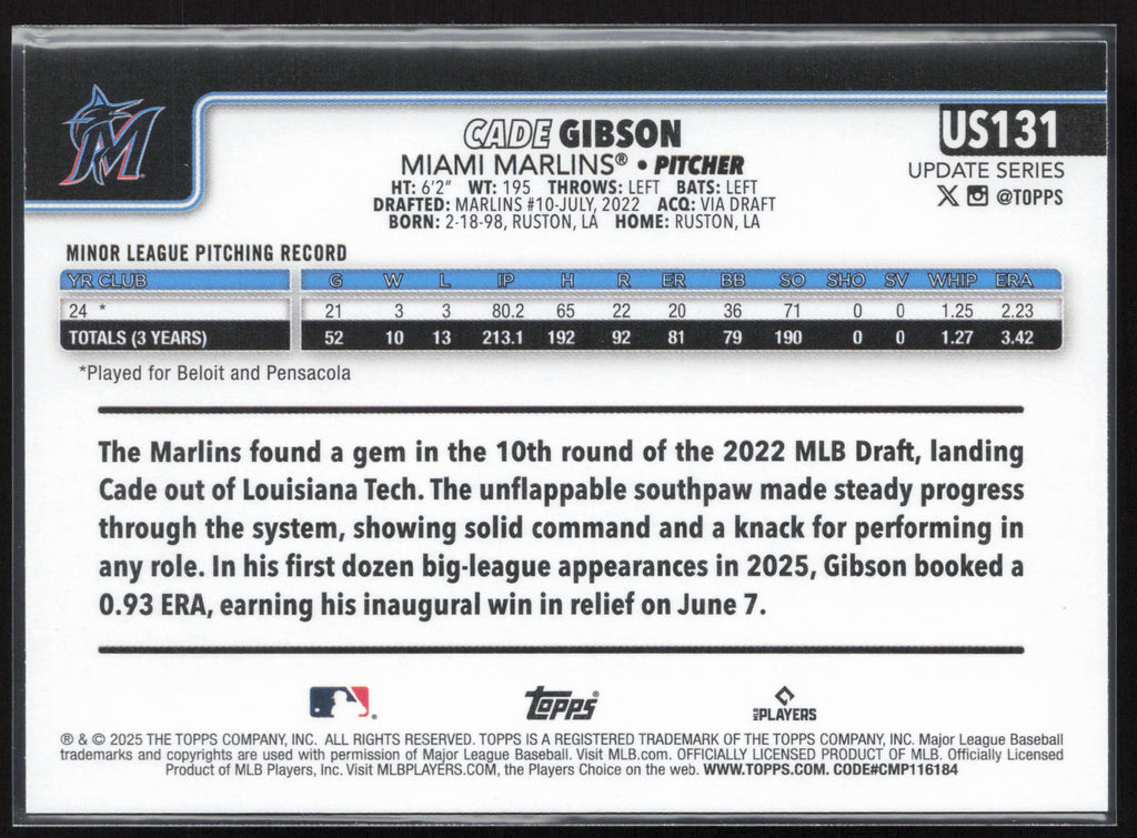 2025 Topps Update #US131 Cade Gibson
