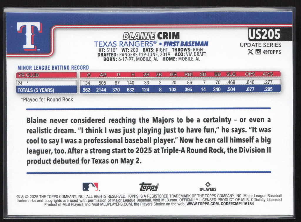 2025 Topps Update #US205 Blaine Crim