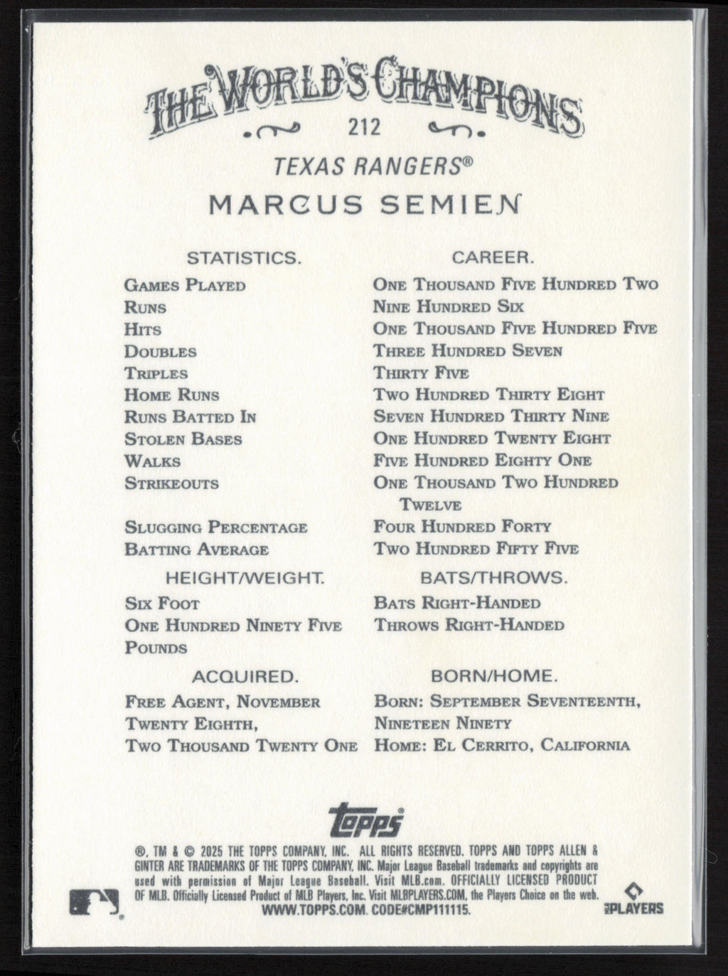 2025 Topps Allen & Ginter #212 Marcus Semien