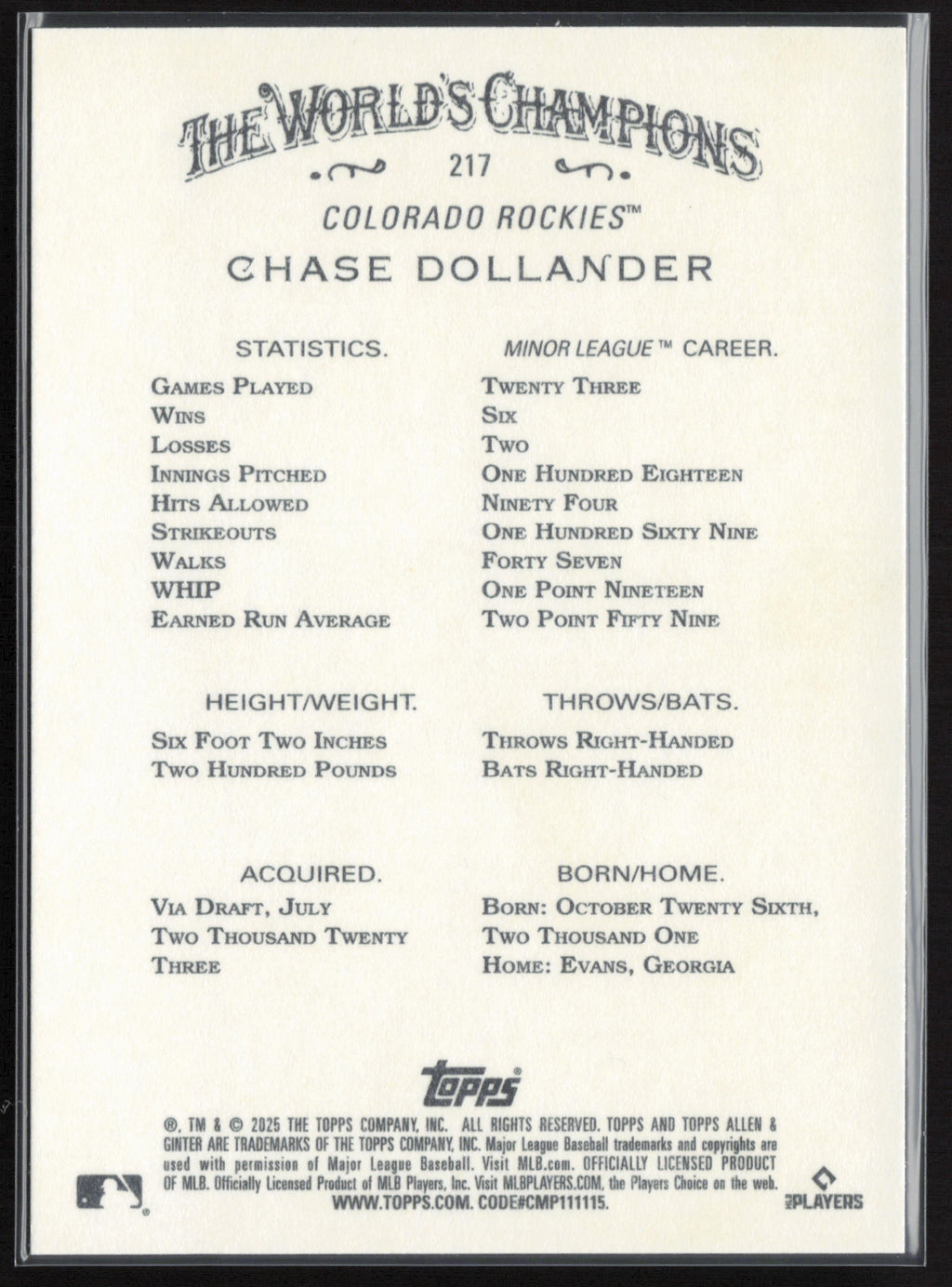 2025 Topps Allen & Ginter #217 Chase Dollander