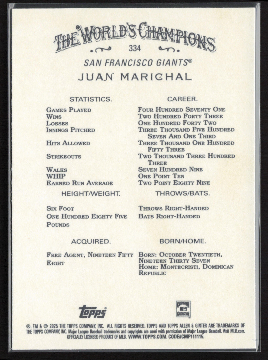 2025 Topps Allen & Ginter #334 Juan Marichal