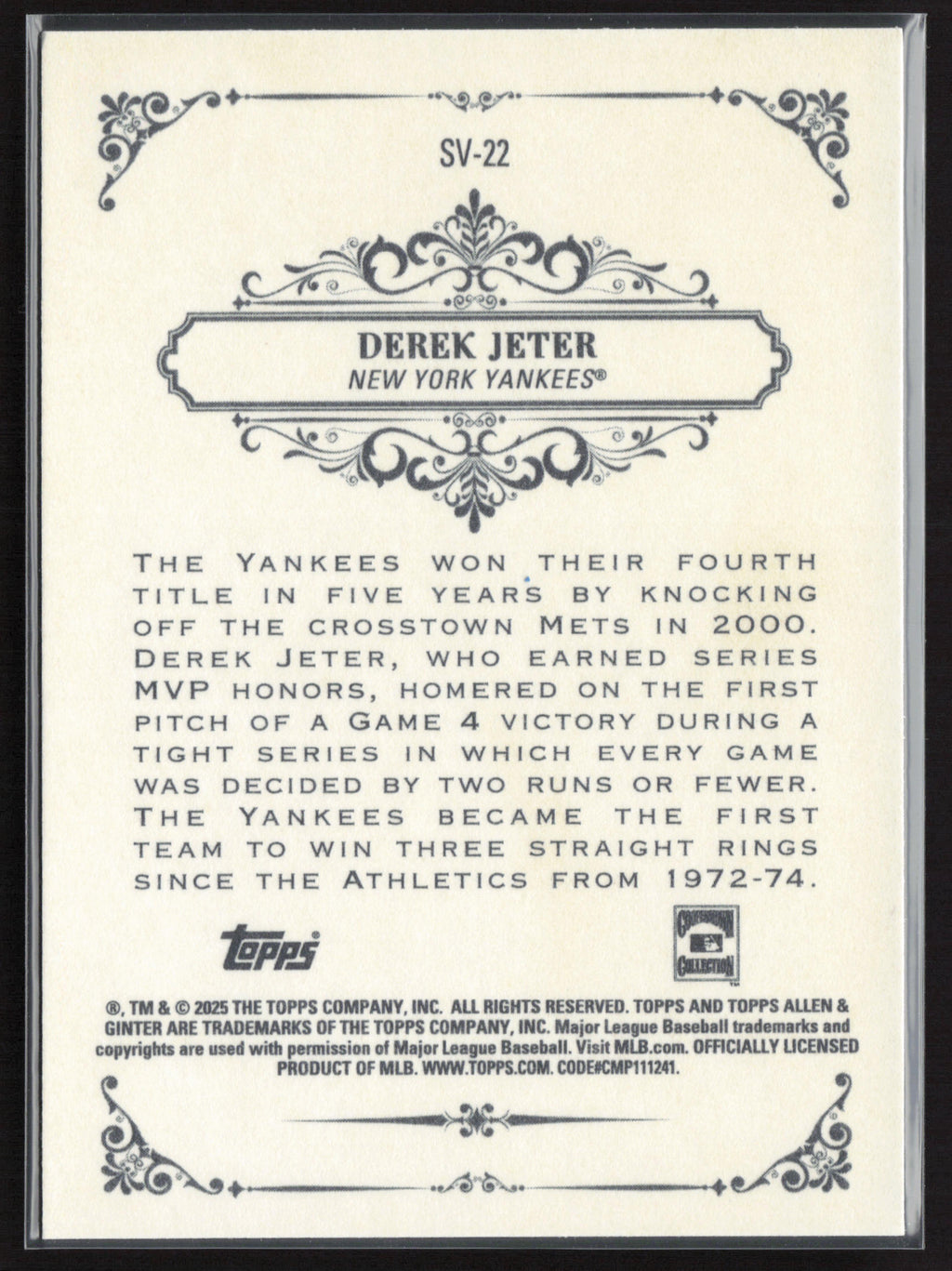 2025 Topps Allen & Ginter #SV-22 Derek Jeter Sweet Victory